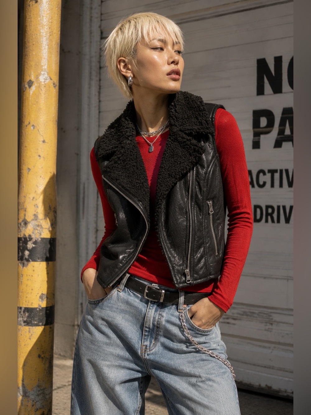 Forever 21 Black Faux Suede Sherpa Moto Biker Vest M